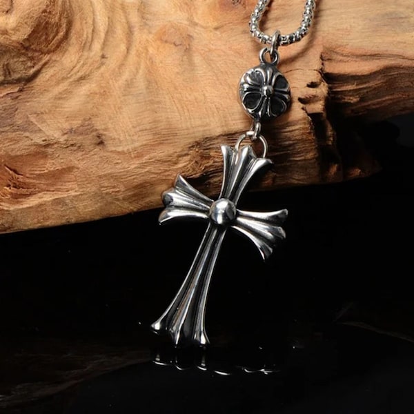 Chrome Hearts Style Cross Necklace, Gothic and Medieval Cross Silver Plated Design Chrome Hearts Inspired, Shiny Silver Black