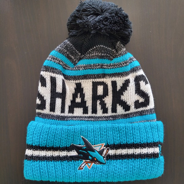 San Jose Sharks NHL Winter Hockey Beanie Hat With Fuzzy Pom Blue Teal Black White With Embroidered Logo Patch Warm Knit Cotton Acrylic