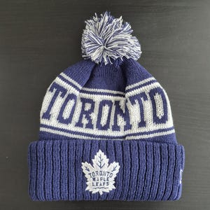 Toronto Maple Leafs Vintage Winter Hockey Beanie / Hat With Fuzzy Pom Blue Grey White W/ Embroidered Logo Patch / Game Day Apparel Gift
