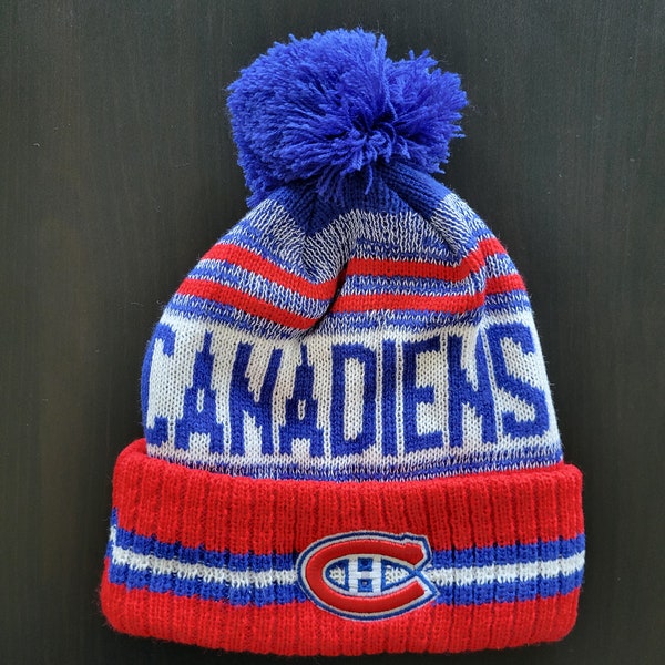 Montreal Canadiens NHL Winter Hockey Beanie Hat With Fuzzy Pom Blue Red White With Embroidered Logo Patch Warm Knit Cotton Acrylic