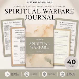 May include: A 40-page spiritual warfare journal with a beige watercolor cover featuring the text "Journal Spiritual Warfare 30-Days." The set includes printable pages with prompts for repentance, prayer, and daily reflection on spiritual armor.