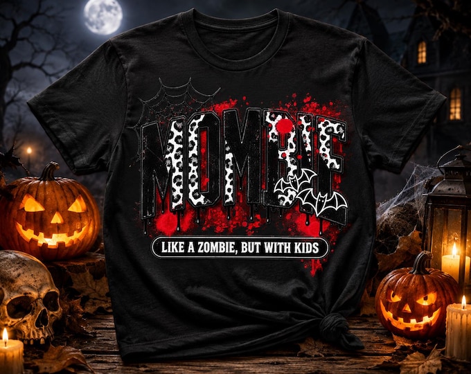 Mom Life T-Shirt | Halloween spiderweb, leopard print letters, blood splatter