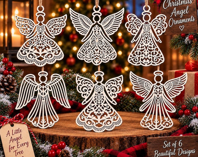 Set of 6 Wooden Angel Unfinished Christmas Ornaments