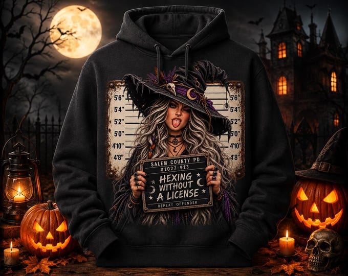 Witch With Cat and Spellbook Hoodie | Halloween Magic Hooded Sweatshirt