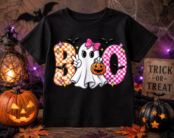 Boo Ghost Tee | Kids Halloween shirt with pumpkin bats