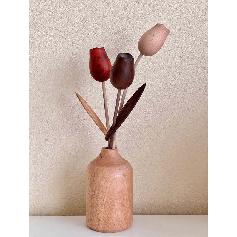 Artisan Beech Wood Vase with Aromatic Wooden Flowers Handcrafted Essential Oil Diffuser Handicraft Minimalist Decorative Table Centerpiece image 2