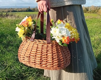 Handmade Oval Willow Basket with Faux Leather Handles