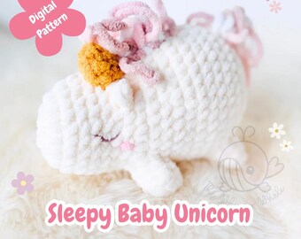 Sleepy Baby Unicorn, Low-Sew Crochet Pattern, Amigurumi Unicorn Pattern (Digital Download) Unicorn Plushie, Baby Shower, Nursery Decoration
