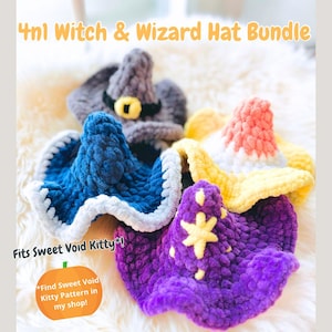 May include: A set of four crocheted hats in different colors and styles, including a witch hat, a wizard hat, and two other hats. The hats are designed to fit a small cat. The text "4n1 Witch & Wizard Hat Bundle" and "Fits Sweet Void Kitty!" is visible in the image.