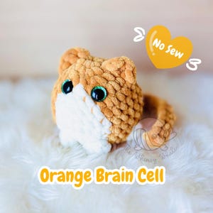 Könnte beinhalten: Gehäkelte orange-weiße Gehirnzell-Plüschfigur mit großen, glitzernden grünen Augen. Das Plüschtier hat eine abgerundete Form und ist aus strukturiertem Garn gefertigt. Der Text auf dem Bild lautet "Orange Brain Cell" und "No Sew".