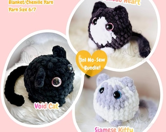 3n1 Void/Tuxedo/Siamese Cat, No-Sew Crochet Patterns Bundle; Amigurumi Plushies, Tuxedo Cat, Siamese/Bermese/Colorpoint Cat, Black Cat