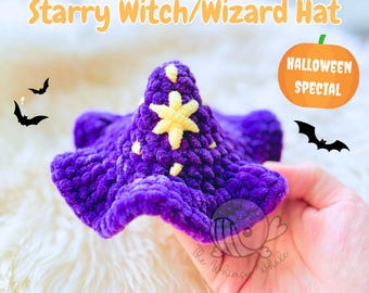 Starry Witch Hat No-Sew Crochet Pattern: Halloween Amigurumi Plushie Accessories (Digital Download)
