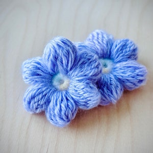 Beautiful & colorful crochet flower in a pile. Puff flowers, regular yarn, rainbow flowers, flower crochet patterns, 2n1 bundle, extra value, dainty, plum, sakura, daisy, spring florals, yarn scrap flowers, yarn scrap projects, easy crochet pattern