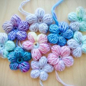 Beautiful & colorful crochet flower in a pile. Puff flowers, regular yarn, rainbow flowers, flower crochet patterns, 2n1 bundle, extra value, dainty, plum, sakura, daisy, spring florals, yarn scrap flowers, yarn scrap projects, easy crochet pattern