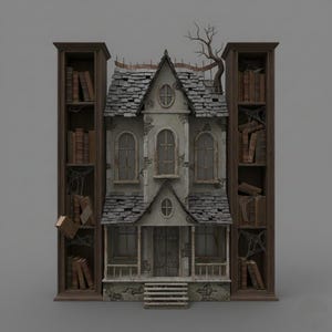 Pode incluir: Um modelo em miniatura de casa assombrada com uma fachada cinza desgastada, janelas arqueadas e um telhado dilapidado. A casa é ladeada por duas estantes de madeira cheias de livros antigos e teias de aranha, criando uma estética gótica assustadora.