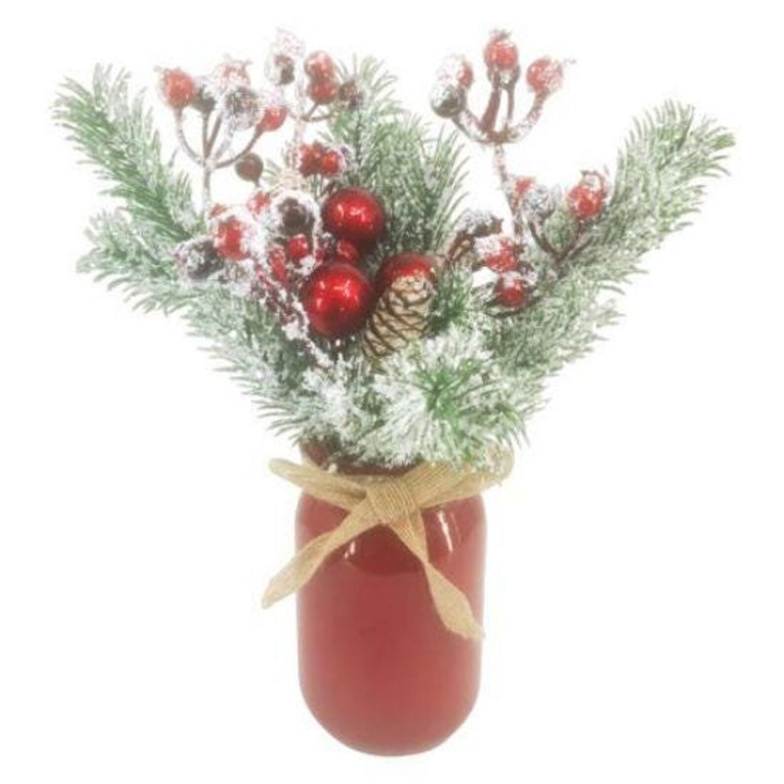 Festive Christmas Winter Faux Red Flower Arrangement in Ceramic Vase, Xmas Festive Gift Wreath Holiday Ornament Table Decoration Free P&P