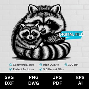 Raccoon SVG Vector laser engrave dxf dwg cnc webp, Raccoon PNG, Raccoon Clip Art, Raccoon Vector, Raccoon Silhouette for Fathers Day