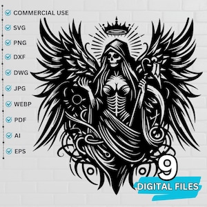 Królowa Grim Reaper Svg Wektor Png, Jpg, CMYK, WebP, DWF, DXF, Ai, Tif, Pdf dla Tshirt Odzież Kubek, Grawerowanie laserowe i Naklejki