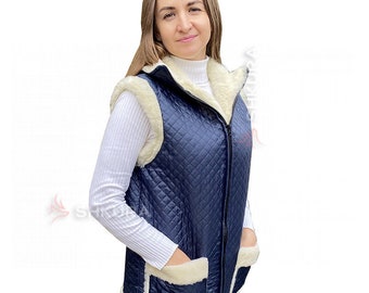Blue Lambswool Puffer Vest with Collar, Natural Wool Sleeveless Comfort Gilet
