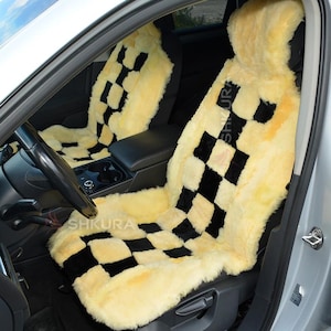 Luxury Sheepskin Car Seat Cover, Black and Yellow Pattern, Soft Fur Car Seat Protector, Warm Wool Seat Cover, Natural Sheepskin
