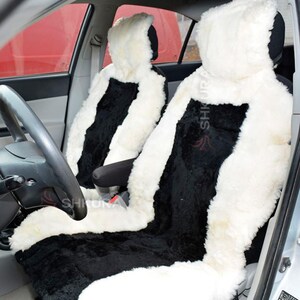 Premium Universal Sheepskin Car Seat Cover - Soft and Warm Black & White Fur - Secure Fit, Winter Comfort, Durable and Stylish Design