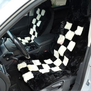 Sheepskin Car Seat Covers with Headrest – Black and White Checkered Universal Fit Fur Seat Covers