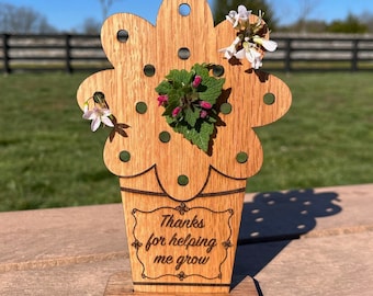 Laser Engraved Wood wildflower holder for Mom. Dandelion Holder.