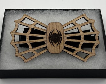 Laser Engraved Spider Web Wooden Bow Tie