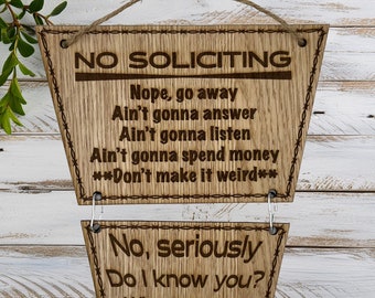 Funny No Soliciting Sign: Wood Door Hanger