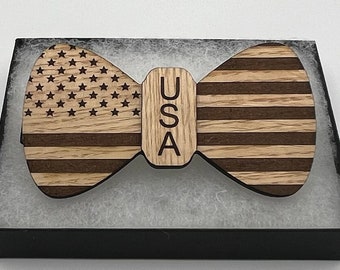 Laser Engraved USA Flag Wooden Bow Tie:  Patriotic