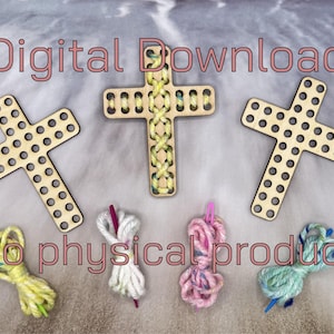 Può includere: Modello di ricamo a punto croce da scaricare digitalmente. Tre forme di croce in legno con fori per la cucitura. L'immagine include filato di vari colori.