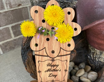 Mother's Day flower Holder. Laser Engraved Wood wildflower holder for Mom.