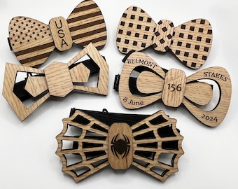 Custom Wood Bow Tie. Laser engraved pattern, logo, cutout, or text of your choice.