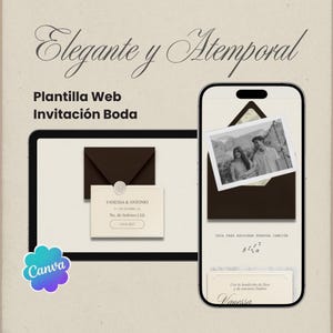 Puede incluir: Diseño de invitación de boda digital con maqueta de tableta y teléfono inteligente. La tableta muestra un sobre marrón oscuro con una tarjeta de invitación de boda. El teléfono inteligente muestra una foto dentro de un sobre similar. El texto incluye "Elegante y Atemporal".