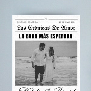 Spanish editable wedding newspaper template on Canva Digital Download Folded Tabloid Wedding Program zdjęcie 2