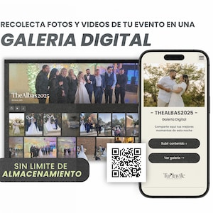 Puede incluir: Una captura de pantalla de un sitio web de galería de fotos digital con un código QR y el texto "TheAlbas2025 - Galeria Digital". El texto "Comparte aqui tus mejores momentos de esta noche" también es visible. El sitio web permite a los usuarios cargar fotos y videos de un evento y compartirlos con otros.