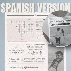 Spanish editable wedding newspaper template on Canva Digital Download Folded Tabloid Wedding Program zdjęcie 9