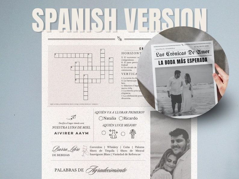 Spanish editable wedding newspaper template on Canva Digital Download Folded Tabloid Wedding Program image 9