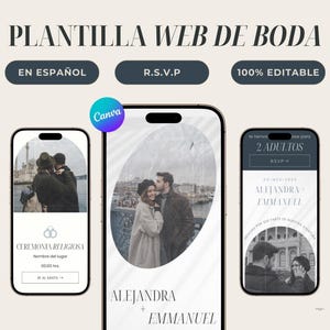 Puede incluir: Una plantilla de sitio web de boda en español con un fondo blanco y una foto de una pareja en el centro. El texto "ALEJANDRA + EMMANUEL" está en la parte inferior de la página. La plantilla es 100% editable.