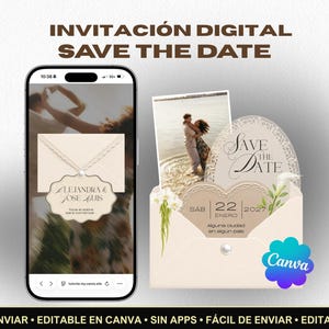 Puede incluir: Una invitación digital save the date mostrada en una pantalla de smartphone y como maqueta de sobre. El diseño incluye una foto de una pareja, el texto Alejandra & Jose Luis y la fecha Sábado 22 Enero 2027 con detalles florales.
