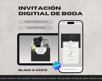 Monochrome Hochzeitswebsite Vorlage · Elegante bearbeitbare Canva Seite mit Antwortkarte · Spanische digitale Einladung