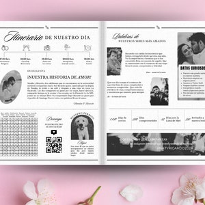 Spanish editable wedding newspaper template on Canva Digital Download Folded Tabloid Wedding Program zdjęcie 3