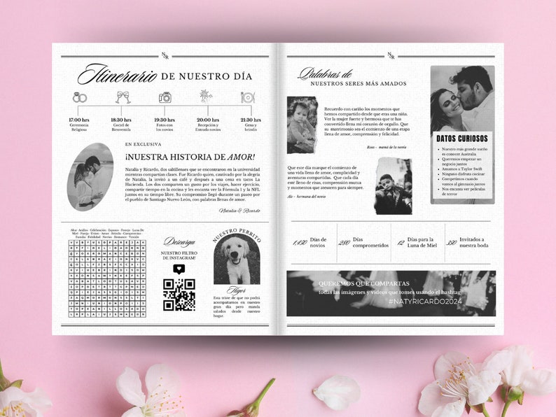 Spanish editable wedding newspaper template on Canva Digital Download Folded Tabloid Wedding Program zdjęcie 3