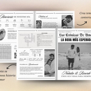 Spanish editable wedding newspaper template on Canva Digital Download Folded Tabloid Wedding Program image 1