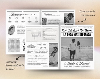 Spanish editable wedding newspaper template on Canva – Digital Download Folded Tabloid Wedding Program