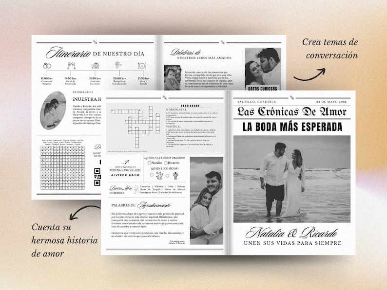 Spanish editable wedding newspaper template on Canva Digital Download Folded Tabloid Wedding Program zdjęcie 1