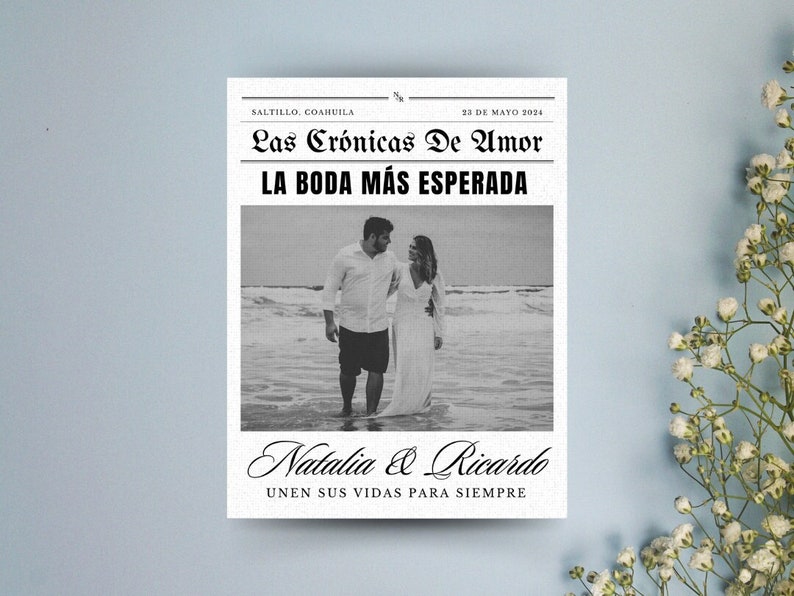 Spanish editable wedding newspaper template on Canva Digital Download Folded Tabloid Wedding Program image 2