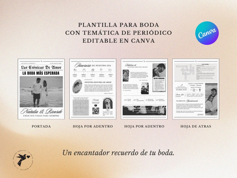 Spanish editable wedding newspaper template on Canva Digital Download Folded Tabloid Wedding Program zdjęcie 5
