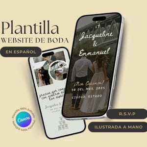 Puede incluir: Una maqueta digital de una plantilla de sitio web de boda en español. La plantilla presenta una foto de pareja, un puente y el texto "Jacqueline & Emmanuel" en una fuente manuscrita. El texto "¡Nos Casamos!" también está incluido, junto con la fecha "30 DEL MES, 2025".