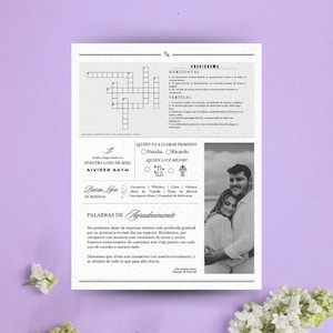 Spanish editable wedding newspaper template on Canva Digital Download Folded Tabloid Wedding Program image 4